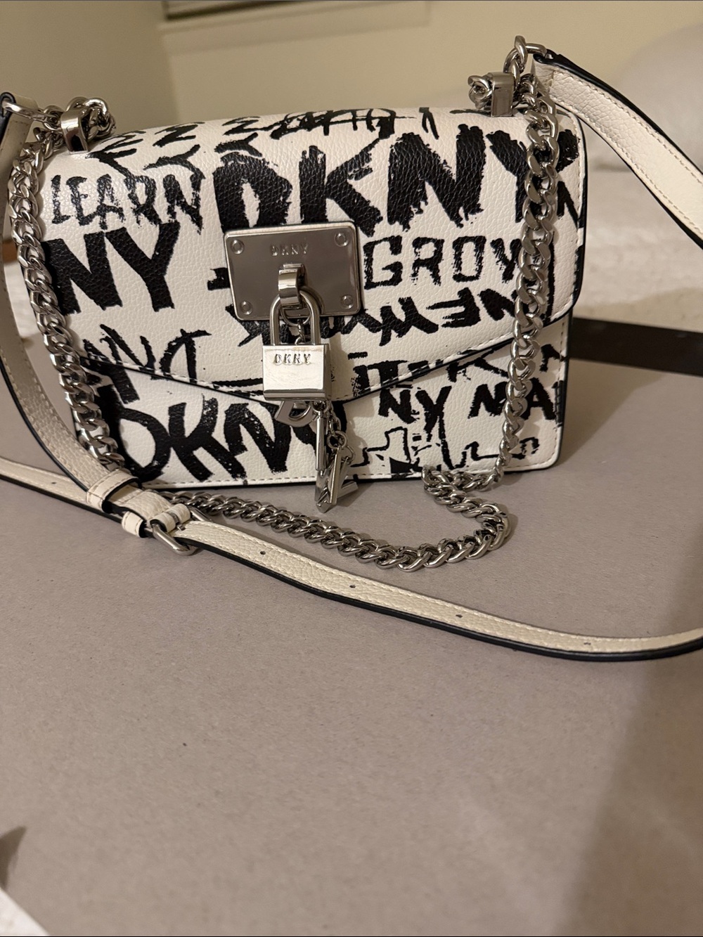 DKNY White & Black Elissa Graffiti Logo Leather Crossbody with Silver Hardware